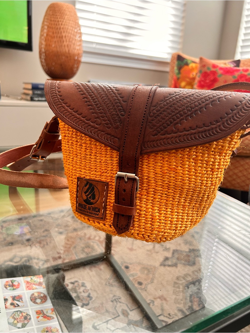 Amaze Africa Mustard Woven Crossbody with Brown Leather Trim